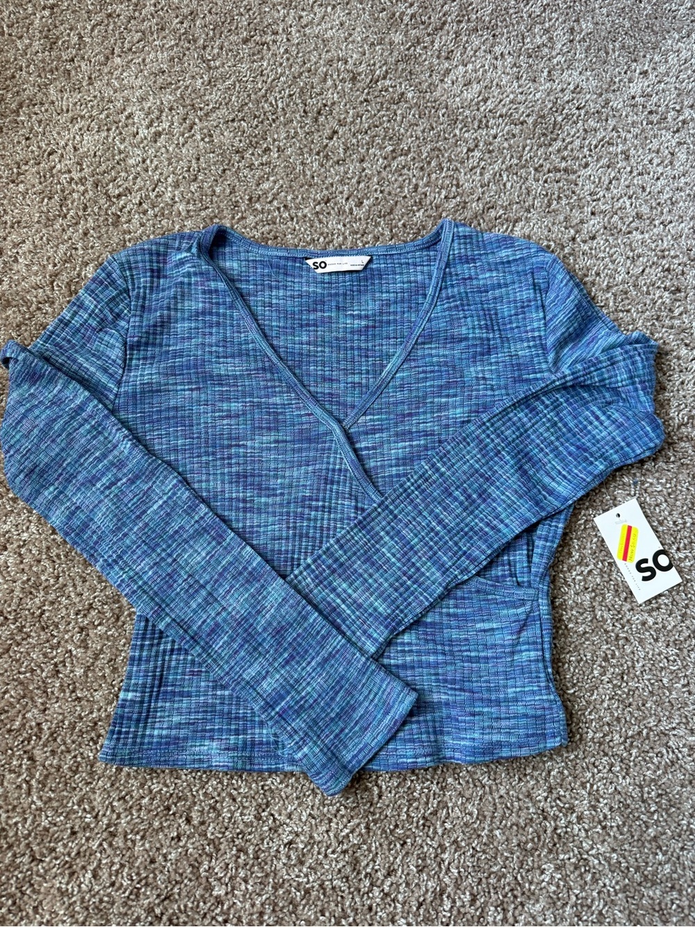 SO Women's Blue Multicolor V-Neck Ribbed Long Sleeve Top